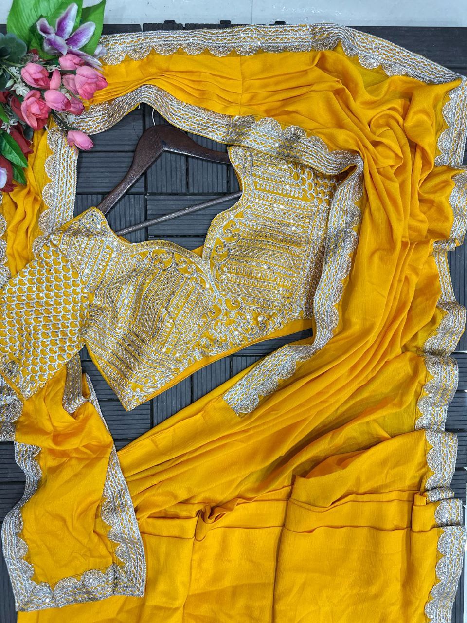 Trending Embroidery cording work ready to wear saree with Embroidery Blouse