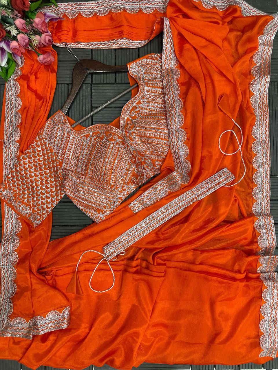 Trending Embroidery cording work ready to wear saree with Embroidery Blouse