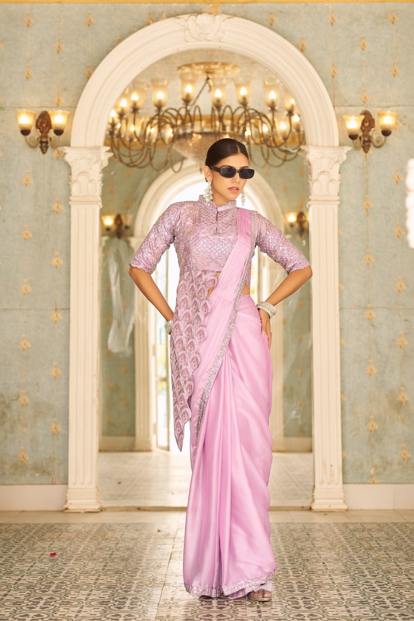 TRENDING READY TO WEAR SAREE WITH FULLY EMBROIDERED STYLIST BLOUSE ON CHINON FABRIC