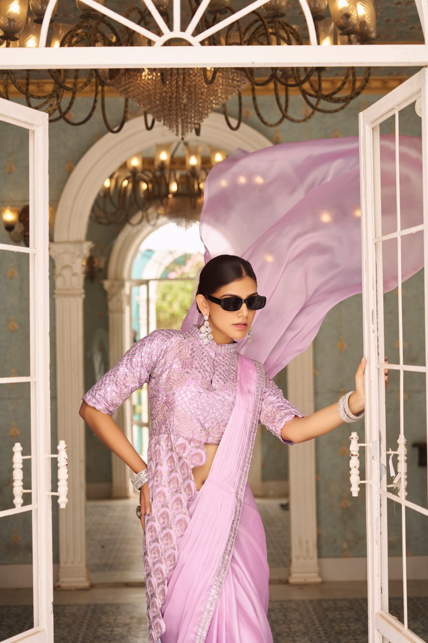TRENDING READY TO WEAR SAREE WITH FULLY EMBROIDERED STYLIST BLOUSE ON CHINON FABRIC