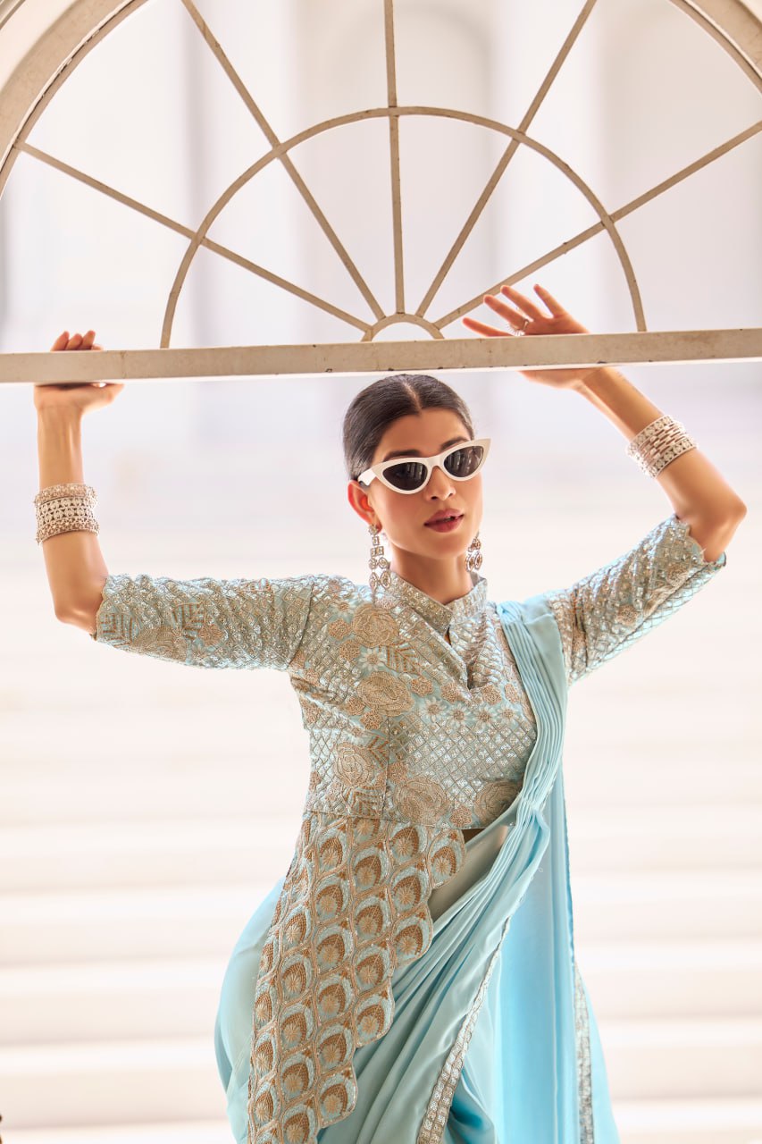 TRENDING READY TO WEAR SAREE WITH FULLY EMBROIDERED STYLIST BLOUSE ON CHINON FABRIC