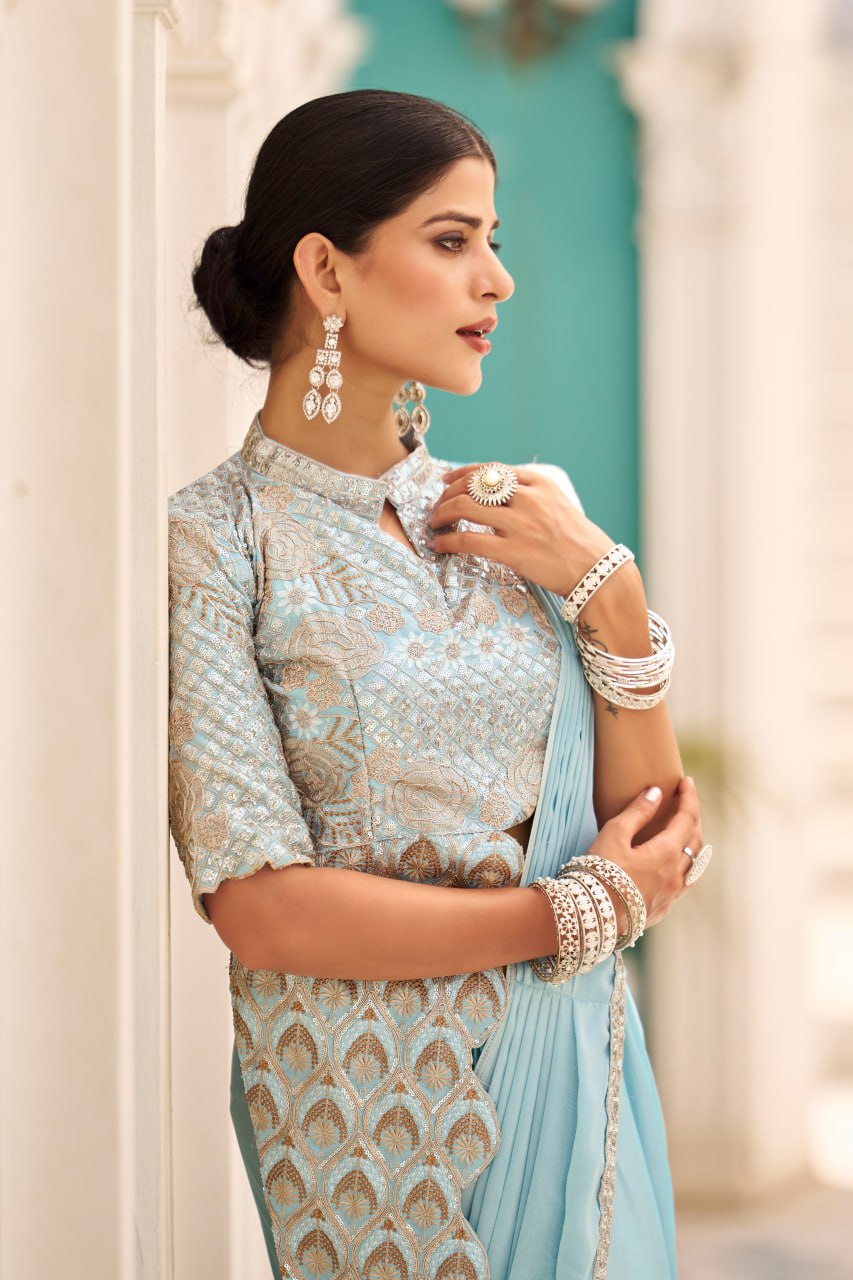 TRENDING READY TO WEAR SAREE WITH FULLY EMBROIDERED STYLIST BLOUSE ON CHINON FABRIC