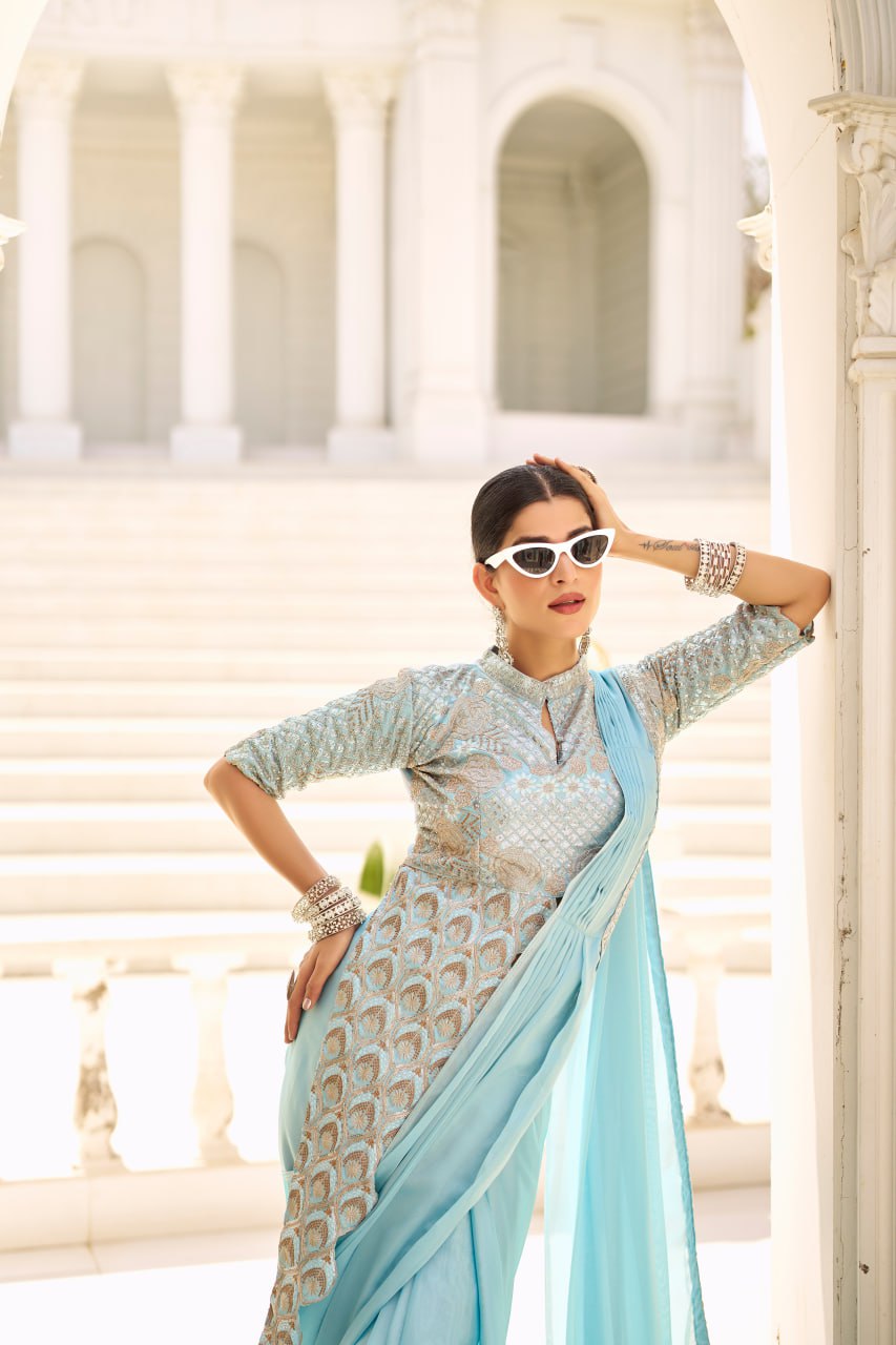 TRENDING READY TO WEAR SAREE WITH FULLY EMBROIDERED STYLIST BLOUSE ON CHINON FABRIC
