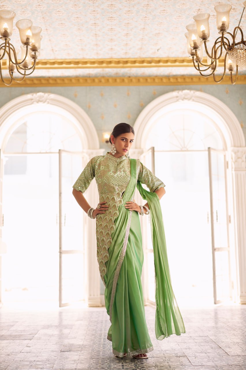 TRENDING READY TO WEAR SAREE WITH FULLY EMBROIDERED STYLIST BLOUSE ON CHINON FABRIC