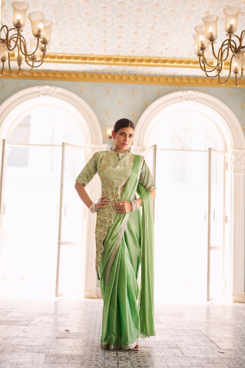 TRENDING READY TO WEAR SAREE WITH FULLY EMBROIDERED STYLIST BLOUSE ON CHINON FABRIC