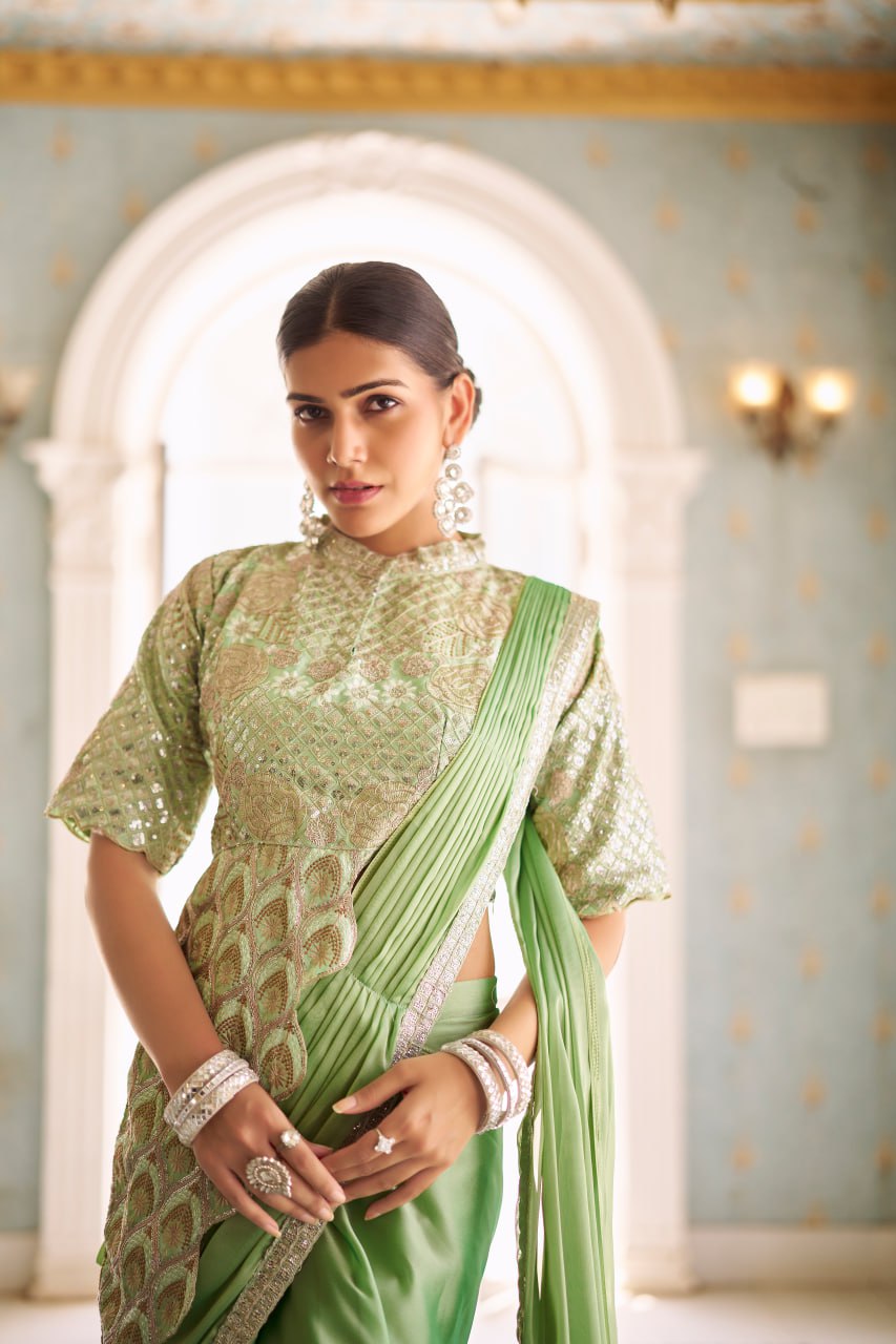 TRENDING READY TO WEAR SAREE WITH FULLY EMBROIDERED STYLIST BLOUSE ON CHINON FABRIC