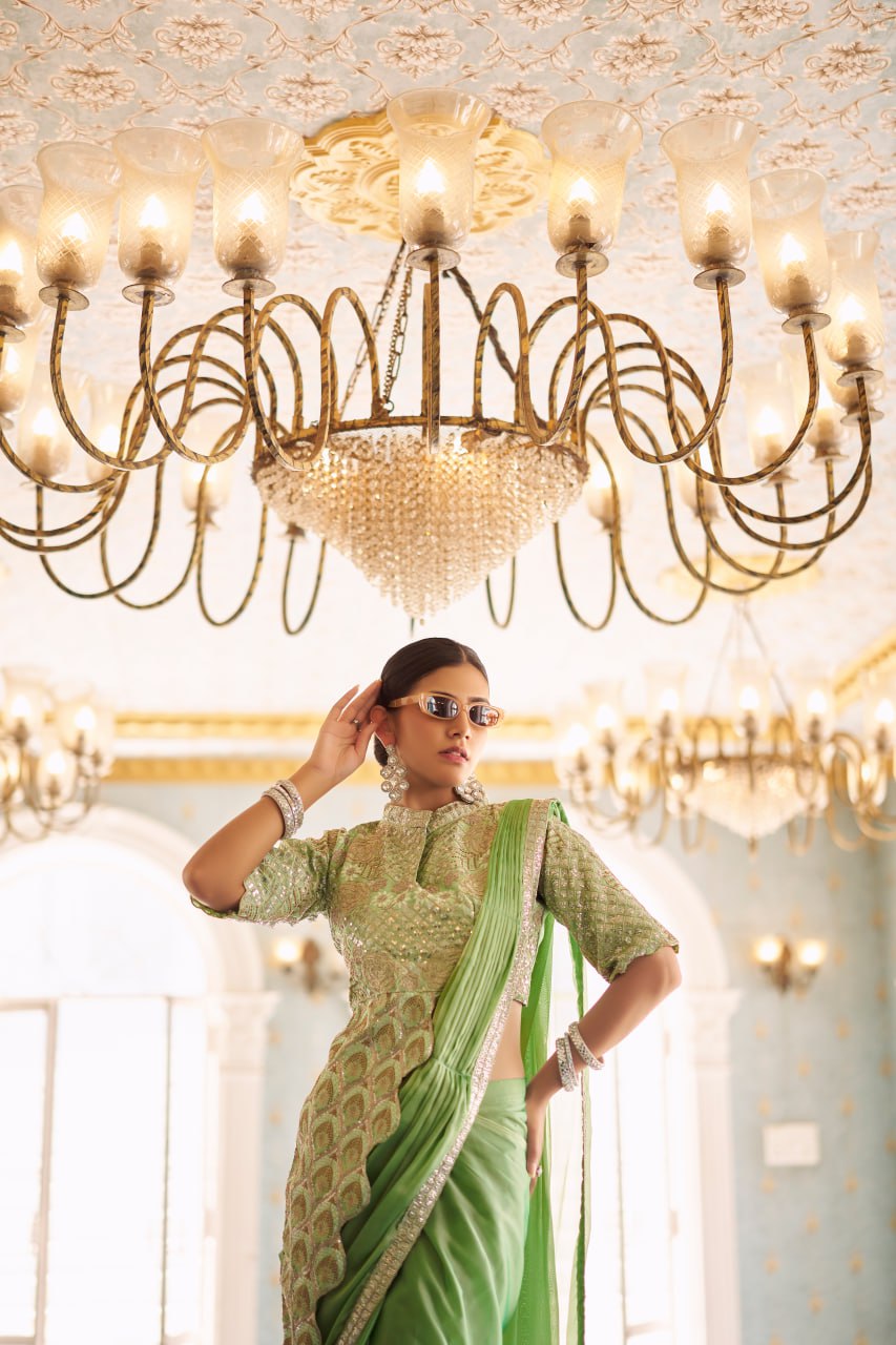 TRENDING READY TO WEAR SAREE WITH FULLY EMBROIDERED STYLIST BLOUSE ON CHINON FABRIC