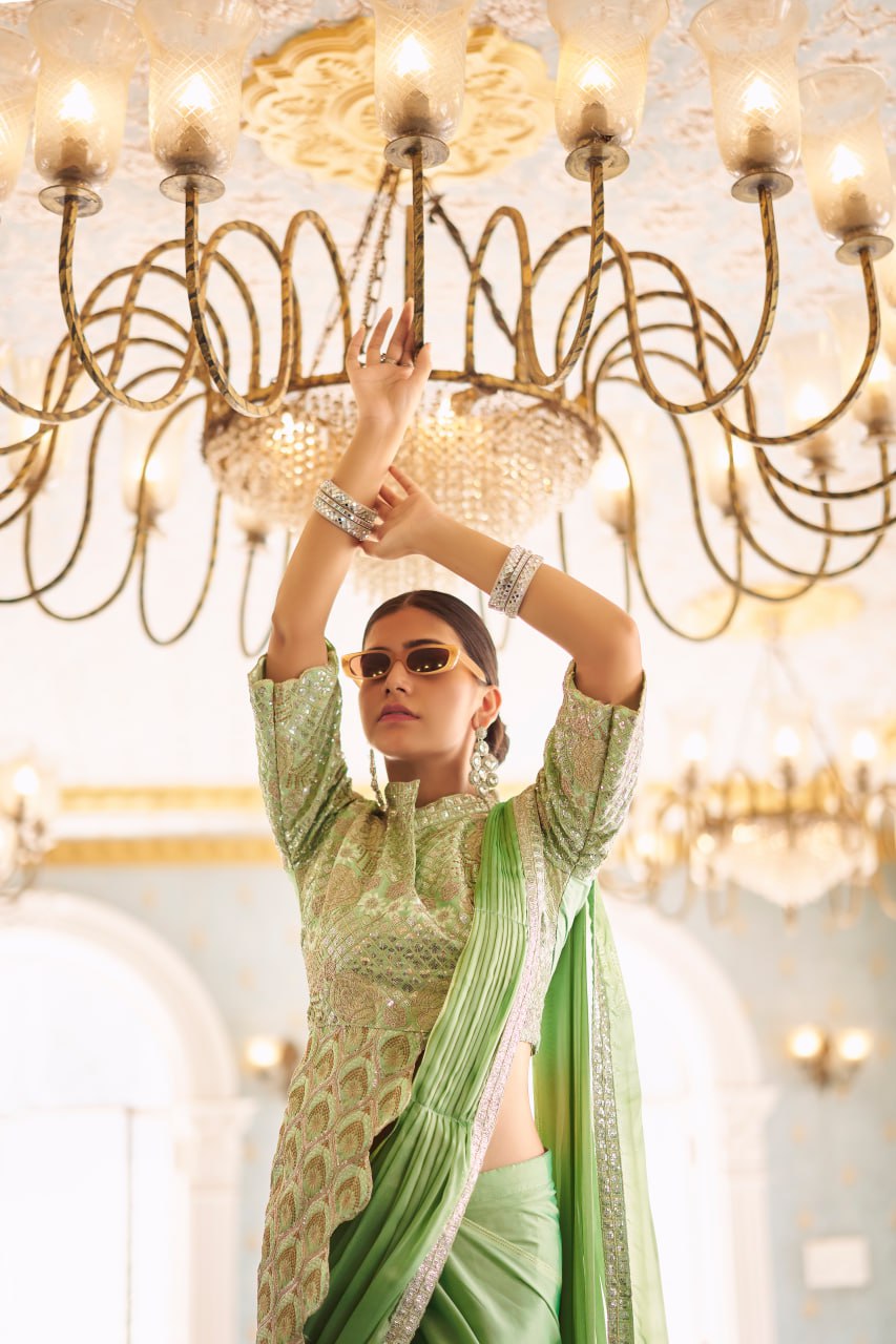 TRENDING READY TO WEAR SAREE WITH FULLY EMBROIDERED STYLIST BLOUSE ON CHINON FABRIC