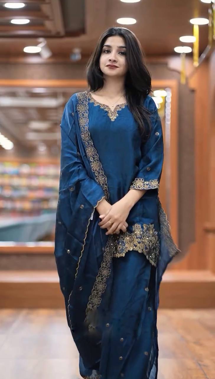 jimmy choo Silk And Heavy Embroidery Sequence Work Top-Bottom And Dupatta Set Fully Stitched Ready To Wear Collection