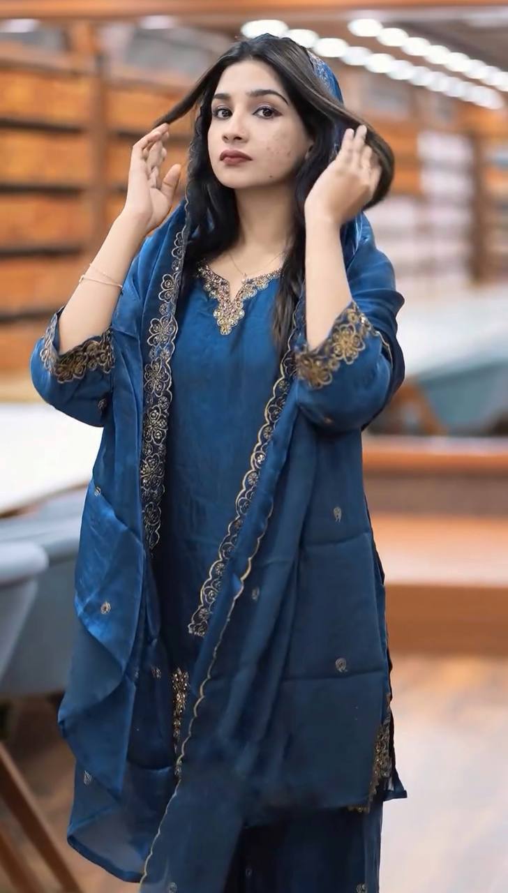 jimmy choo Silk And Heavy Embroidery Sequence Work Top-Bottom And Dupatta Set Fully Stitched Ready To Wear Collection