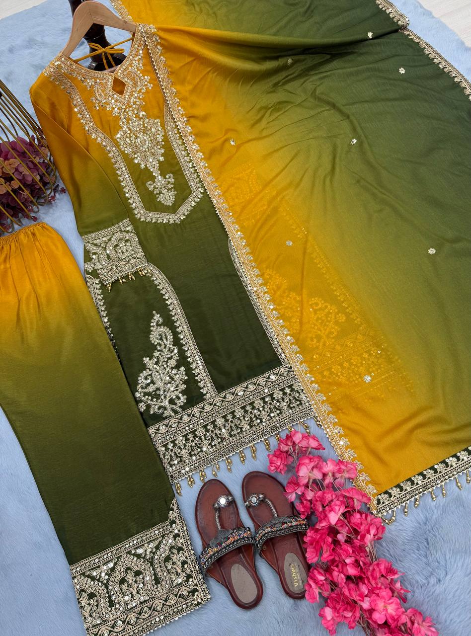 Đěsigner Party Wear Look Pur Dual Tone Peding Chinon Silk Top Plazzo & Dupatta Set