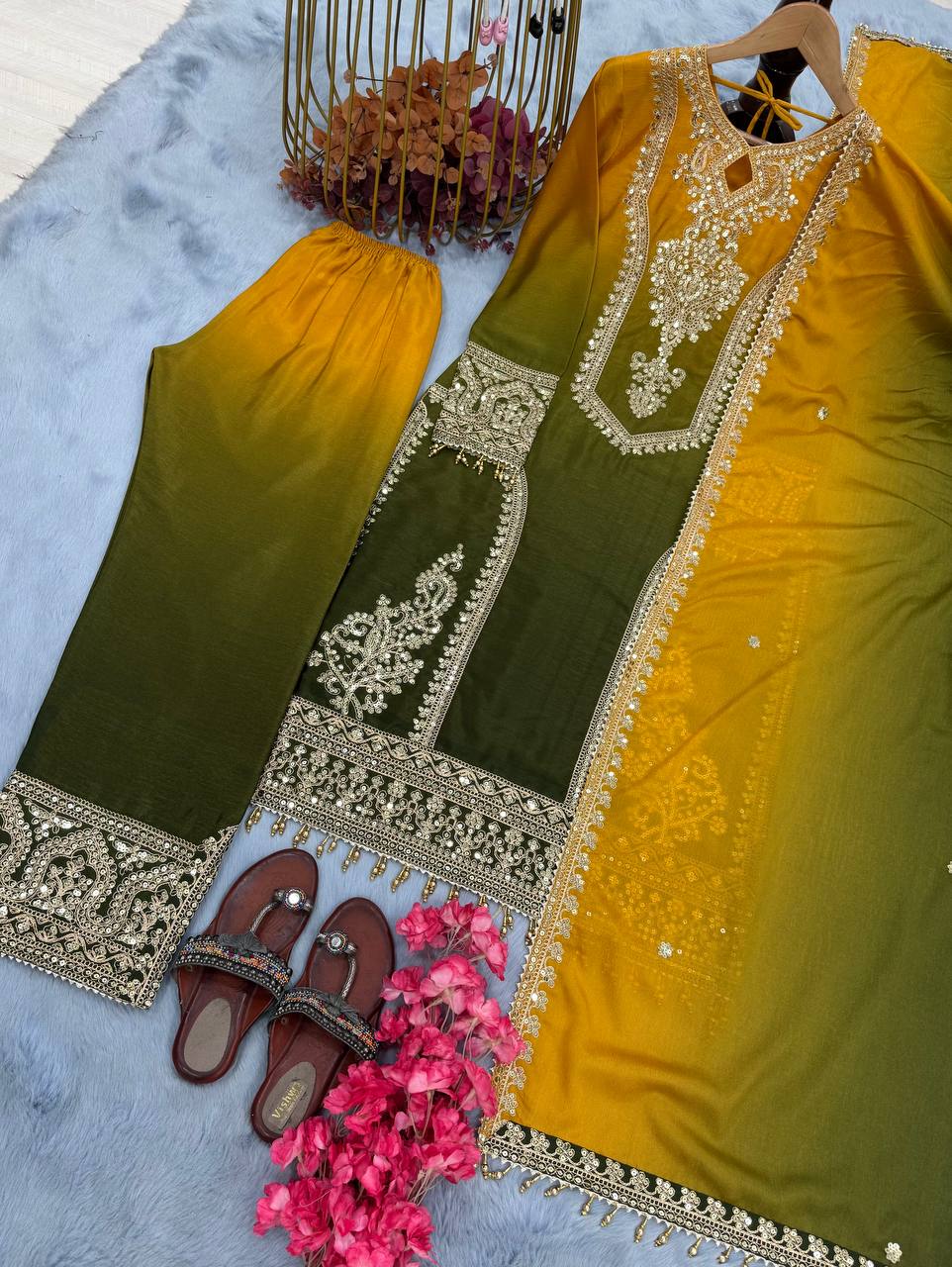Đěsigner Party Wear Look Pur Dual Tone Peding Chinon Silk Top Plazzo & Dupatta Set