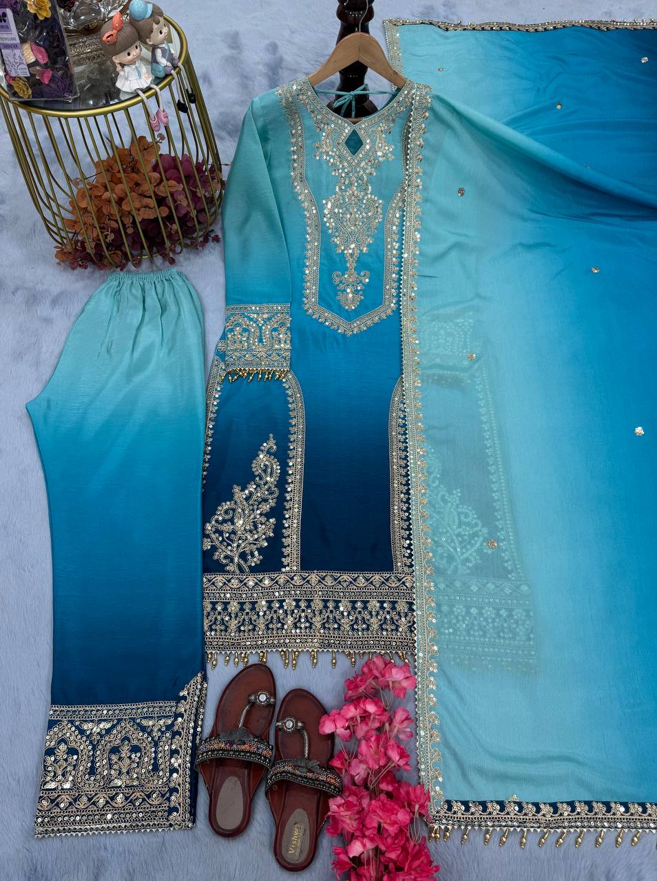 Đěsigner Party Wear Look Pur Dual Tone Peding Chinon Silk Top Plazzo & Dupatta Set