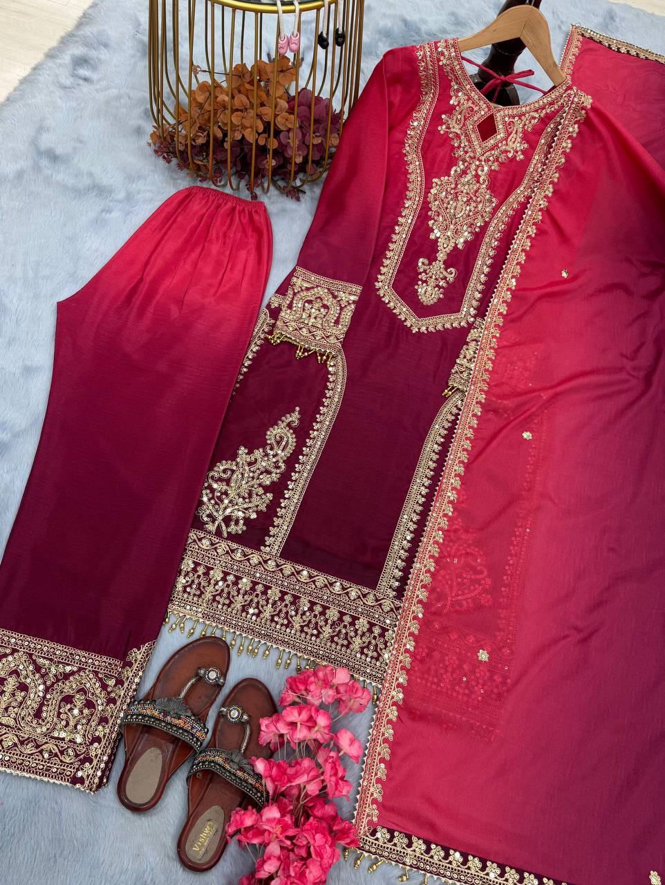Đěsigner Party Wear Look Pur Dual Tone Peding Chinon Silk Top Plazzo & Dupatta Set