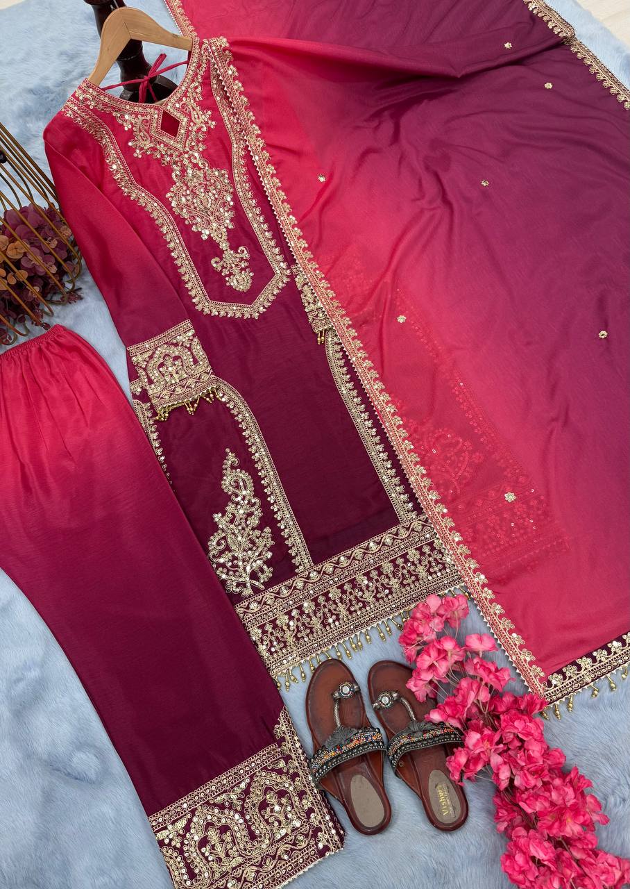 Đěsigner Party Wear Look Pur Dual Tone Peding Chinon Silk Top Plazzo & Dupatta Set
