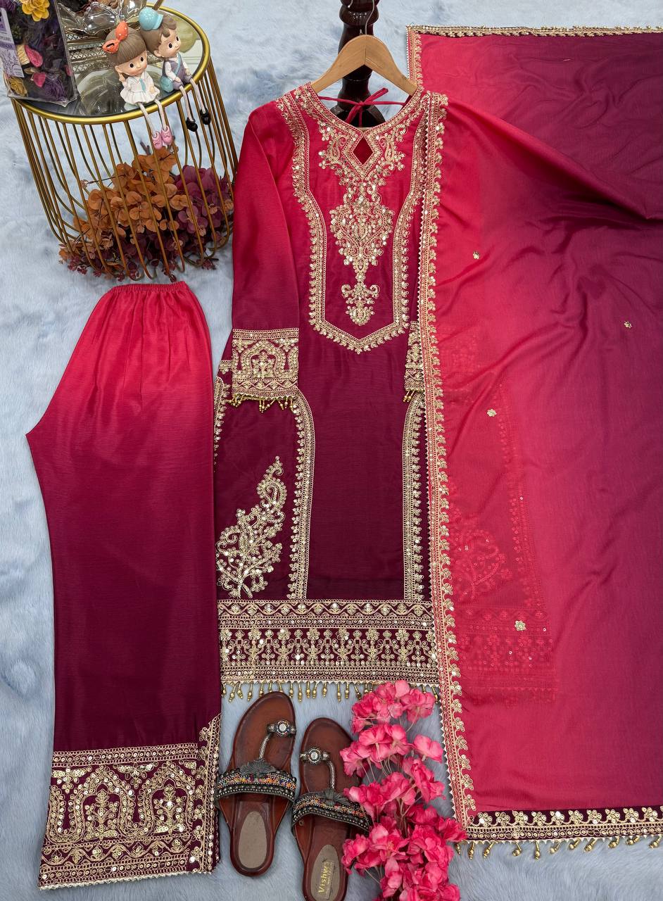Đěsigner Party Wear Look Pur Dual Tone Peding Chinon Silk Top Plazzo & Dupatta Set