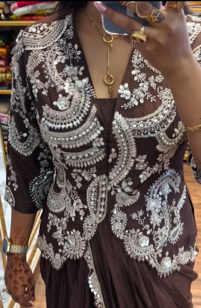 Trending Embroidery Sequence work ready to wear saree with full koti