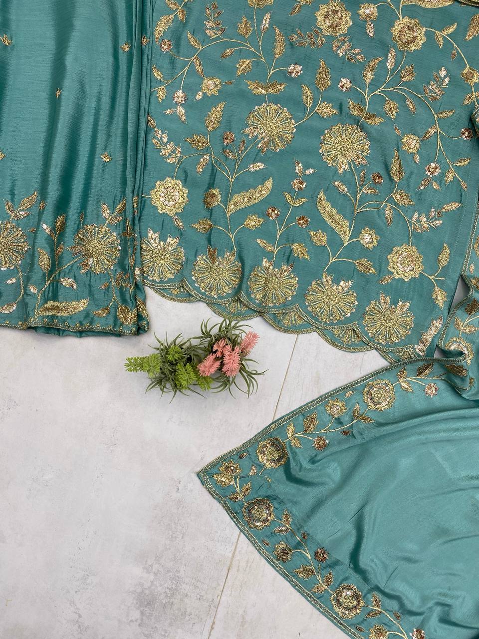 PAKISTANI SEQUENCE EMBROIDERED WORK TOP AND PLAZZO WITH DUPATTA
