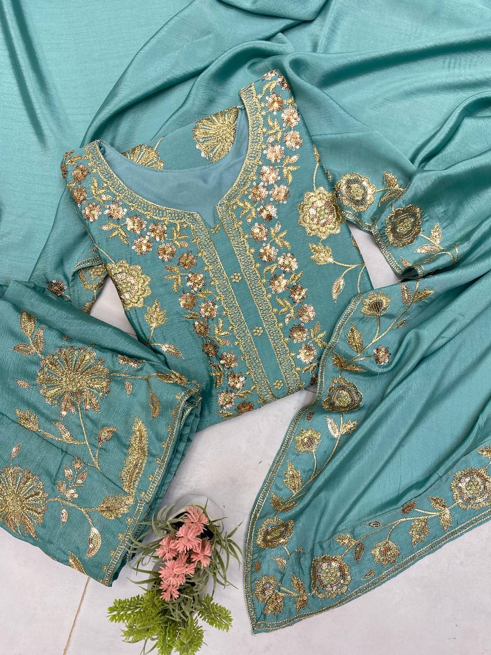 PAKISTANI SEQUENCE EMBROIDERED WORK TOP AND PLAZZO WITH DUPATTA