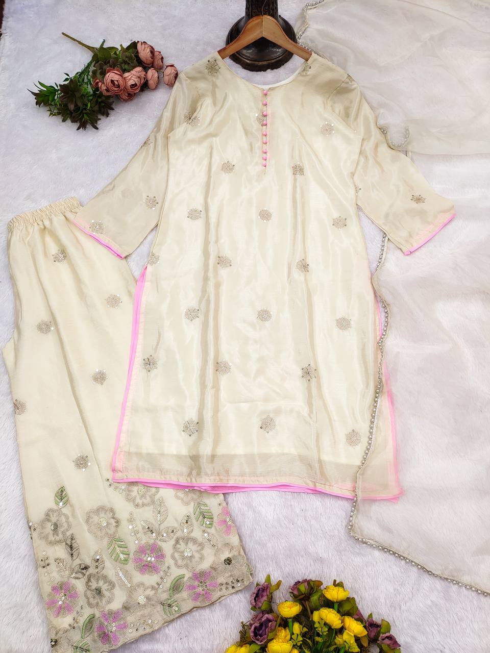 Premium Designer Party Wear Look Chinon Silk Top-Plazzo And Duppata Set Ready To Wear single available wholesale