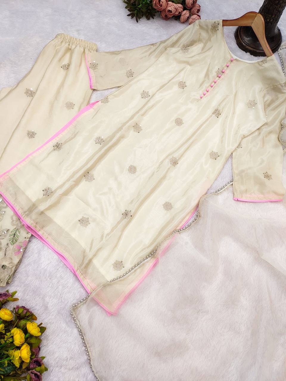 Premium Designer Party Wear Look Chinon Silk Top-Plazzo And Duppata Set Ready To Wear single available wholesale
