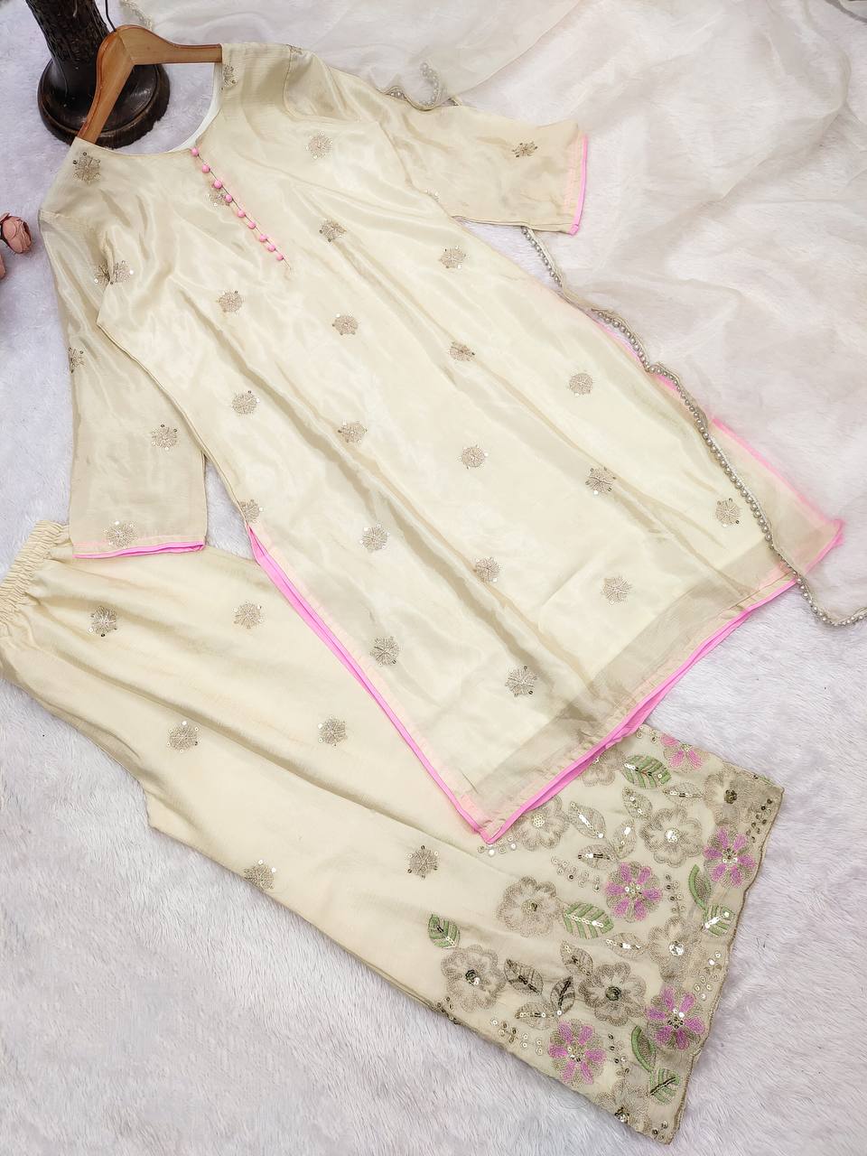 Premium Designer Party Wear Look Chinon Silk Top-Plazzo And Duppata Set Ready To Wear single available wholesale