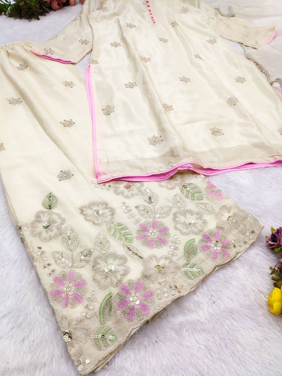Premium Designer Party Wear Look Chinon Silk Top-Plazzo And Duppata Set Ready To Wear single available wholesale