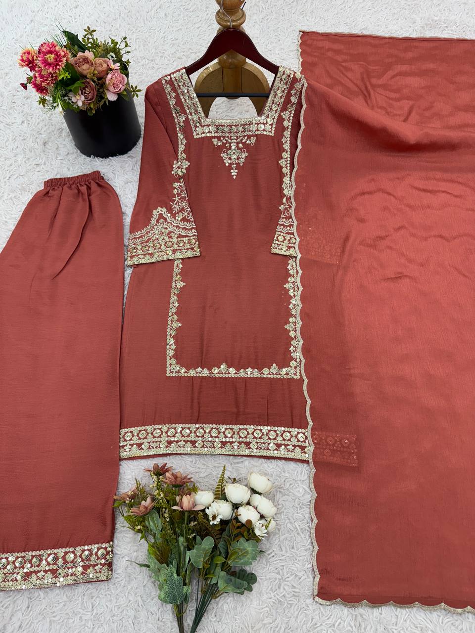 Designer Collection In German Chiffon With Embroidery Work Top-Bottom And Dupatta Set Fully Stitched Ready To Wear single available wholesale