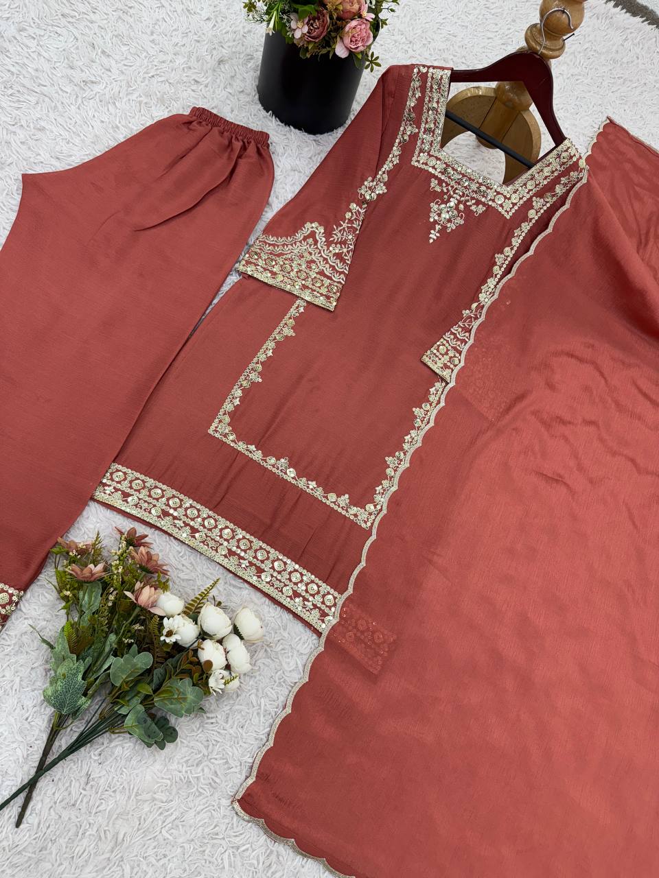 Designer Collection In German Chiffon With Embroidery Work Top-Bottom And Dupatta Set Fully Stitched Ready To Wear single available wholesale