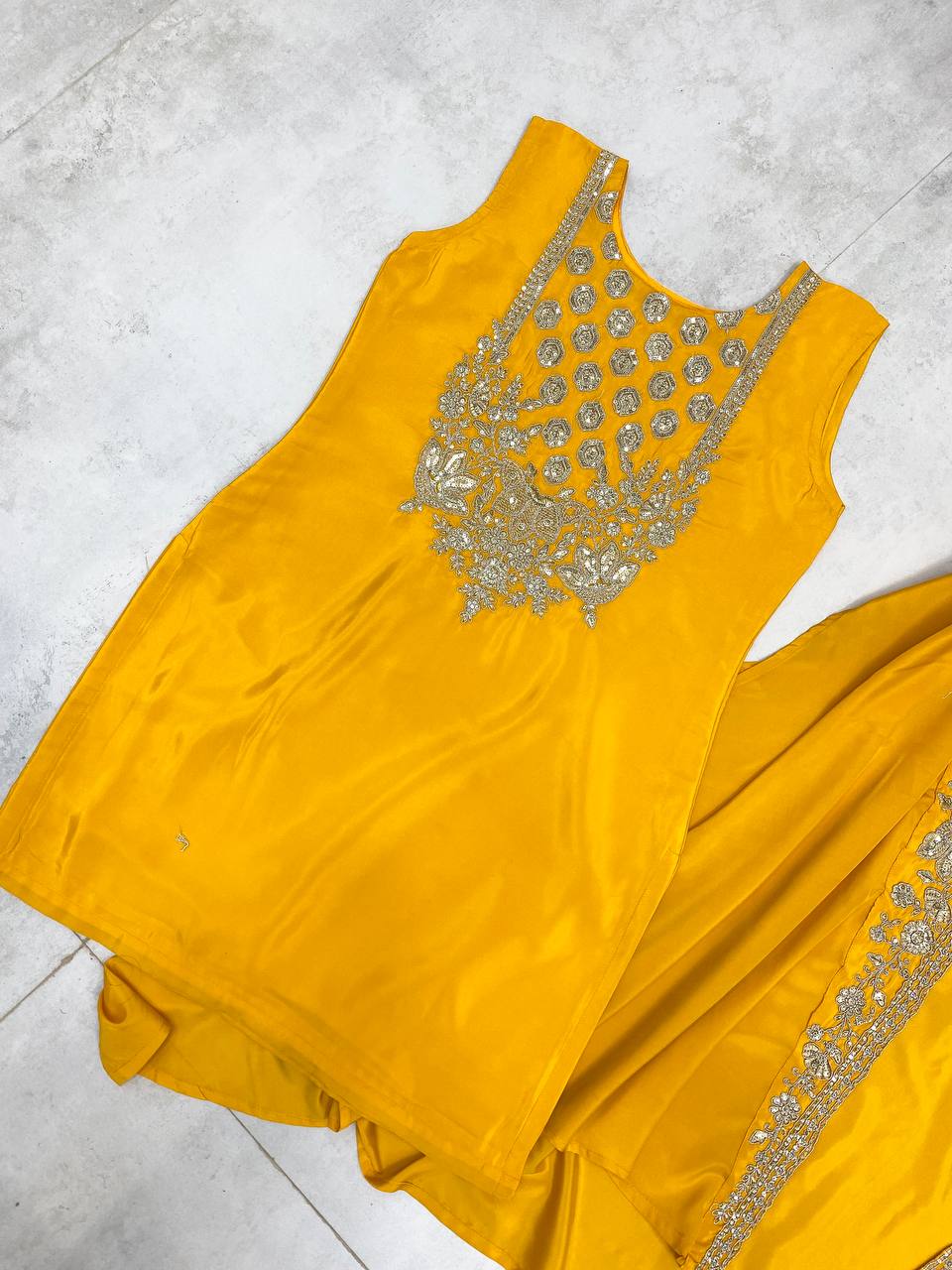 TRENDING CREAP SILK TOP SEQUANCE EMBROIDERY WORK AND SARARA WITH SHURG