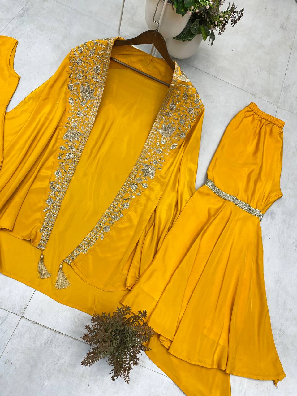 TRENDING CREAP SILK TOP SEQUANCE EMBROIDERY WORK AND SARARA WITH SHURG