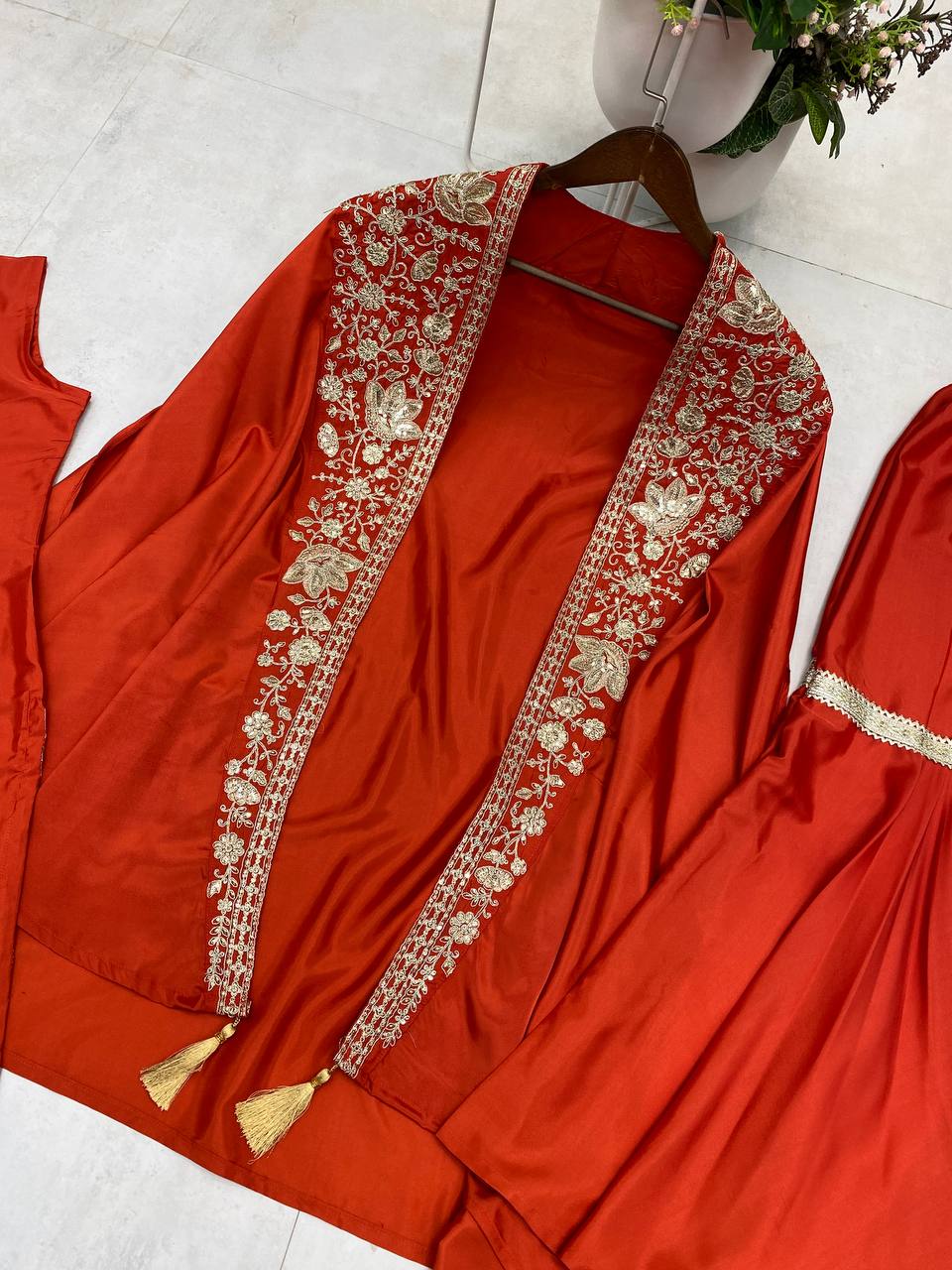 TRENDING CREAP SILK TOP SEQUANCE EMBROIDERY WORK AND SARARA WITH SHURG