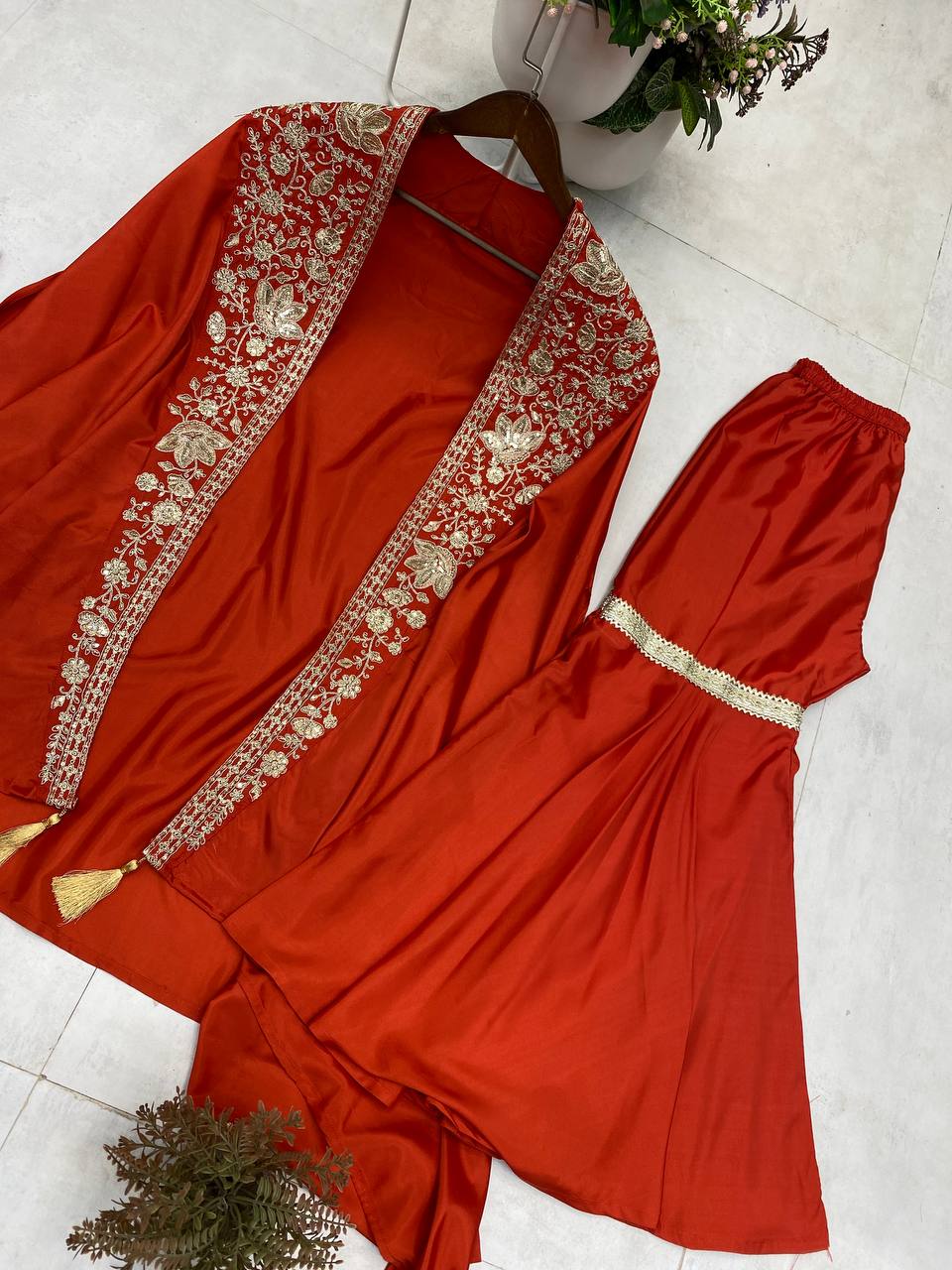 TRENDING CREAP SILK TOP SEQUANCE EMBROIDERY WORK AND SARARA WITH SHURG
