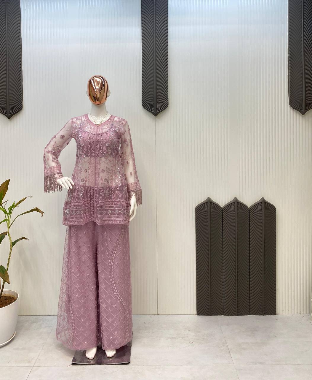 TRENDING TOP AND PLAZZO SET IN BUTTERFLY SEQUENCE EMBROIDERY WORK WITH BLOUSE