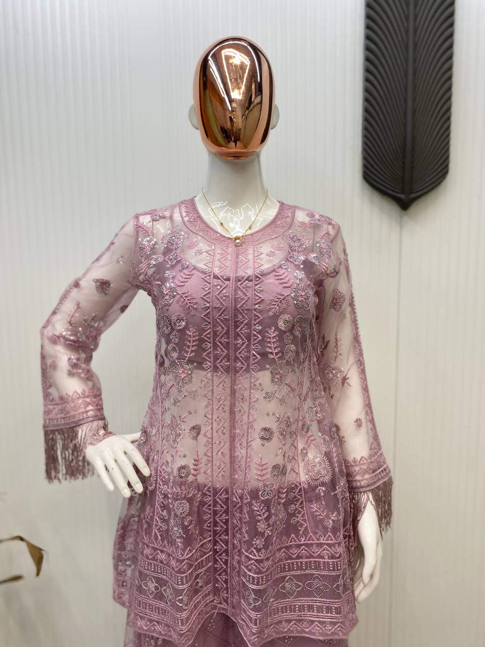 TRENDING TOP AND PLAZZO SET IN BUTTERFLY SEQUENCE EMBROIDERY WORK WITH BLOUSE