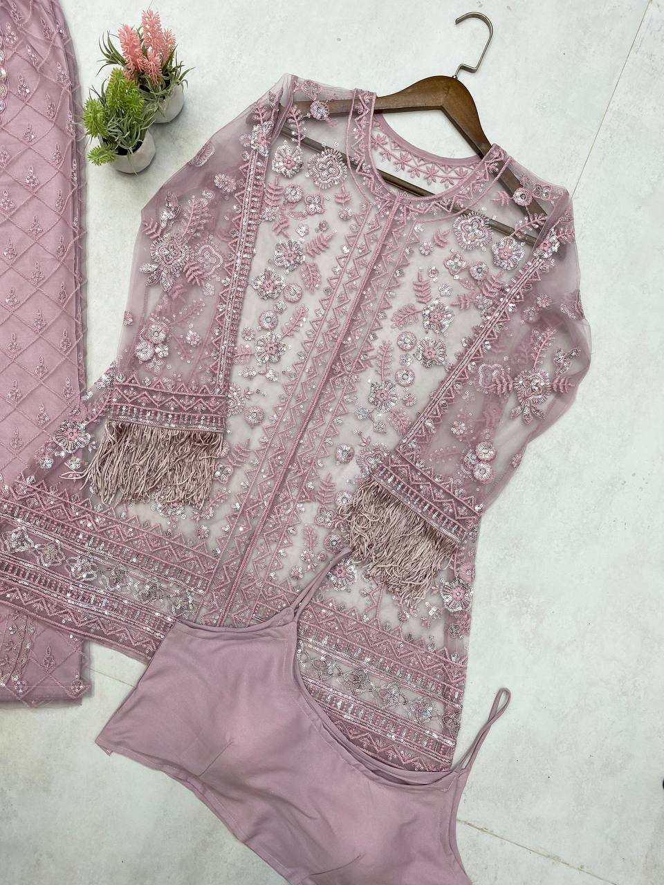 TRENDING TOP AND PLAZZO SET IN BUTTERFLY SEQUENCE EMBROIDERY WORK WITH BLOUSE