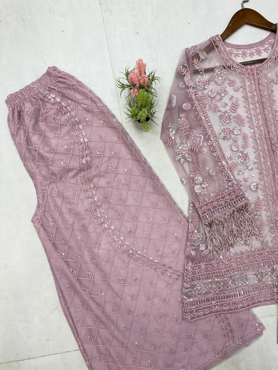 TRENDING TOP AND PLAZZO SET IN BUTTERFLY SEQUENCE EMBROIDERY WORK WITH BLOUSE