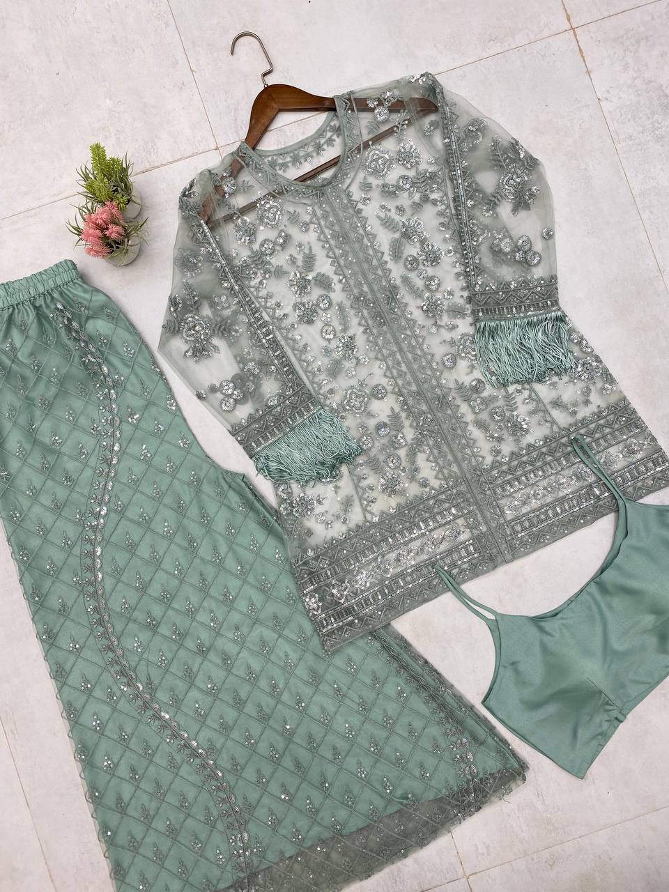 TRENDING TOP AND PLAZZO SET IN BUTTERFLY SEQUENCE EMBROIDERY WORK WITH BLOUSE