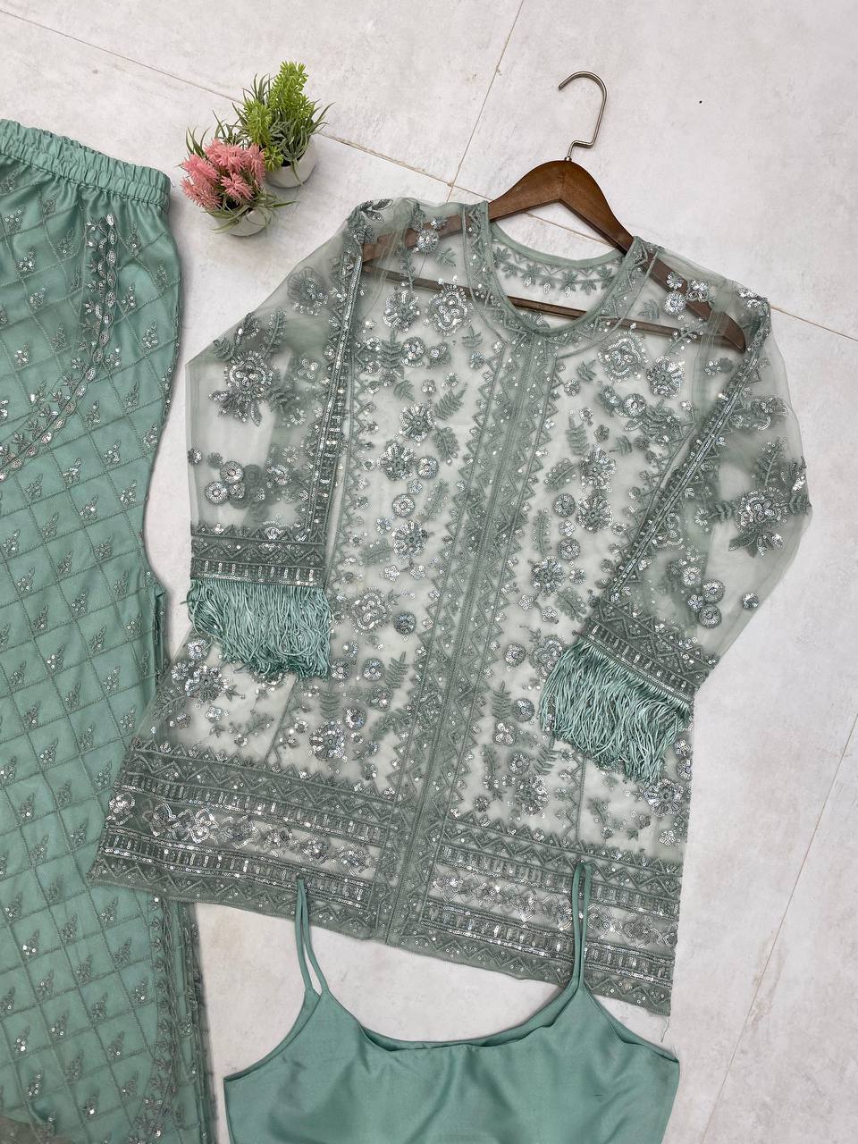 TRENDING TOP AND PLAZZO SET IN BUTTERFLY SEQUENCE EMBROIDERY WORK WITH BLOUSE