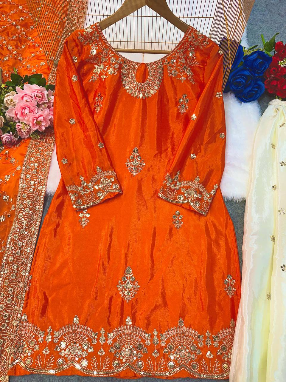 NEW ĐĚSIGNER PARTY WEAR TOP AND PLAZZO. WITH FANCY DUPPATA WITH EMBROIDERY WORK single available wholesale