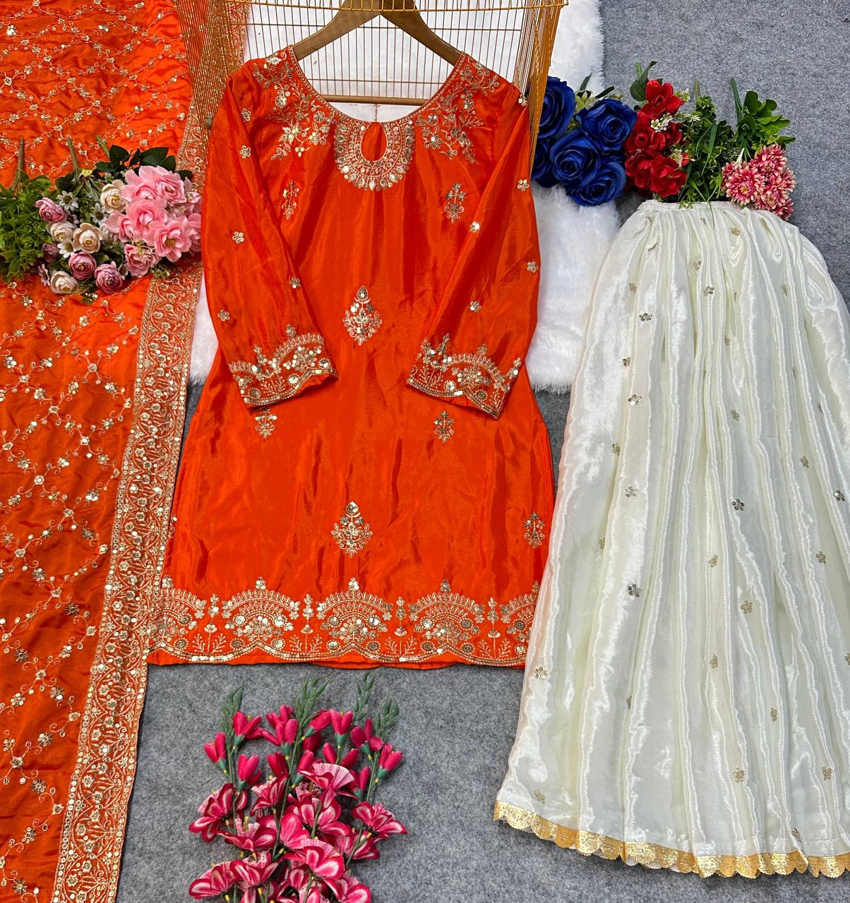 NEW ĐĚSIGNER PARTY WEAR TOP AND PLAZZO. WITH FANCY DUPPATA WITH EMBROIDERY WORK single available wholesale