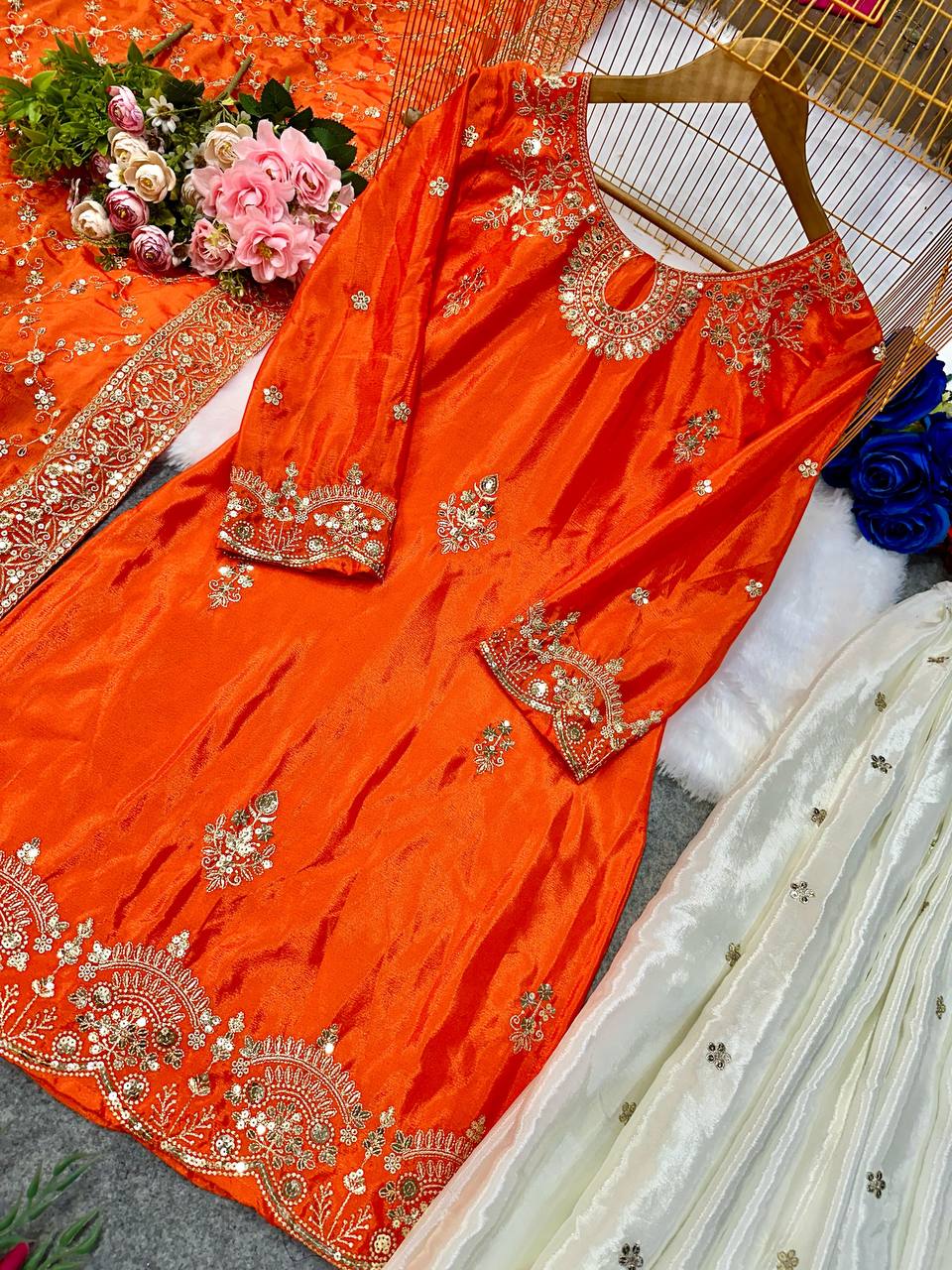 NEW ĐĚSIGNER PARTY WEAR TOP AND PLAZZO. WITH FANCY DUPPATA WITH EMBROIDERY WORK single available wholesale