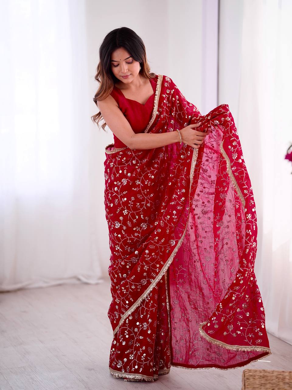 Looking some one for this same colour beautiful Designer Saree on Crunchy Silk Fabric with Sequnce work and blouse on also Crunchy Silk Fabric single available wholesale