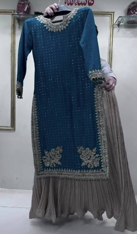 designer Party Wear Look Heavy pur Chinon Silk Top Lehenga & Dupatta Set
