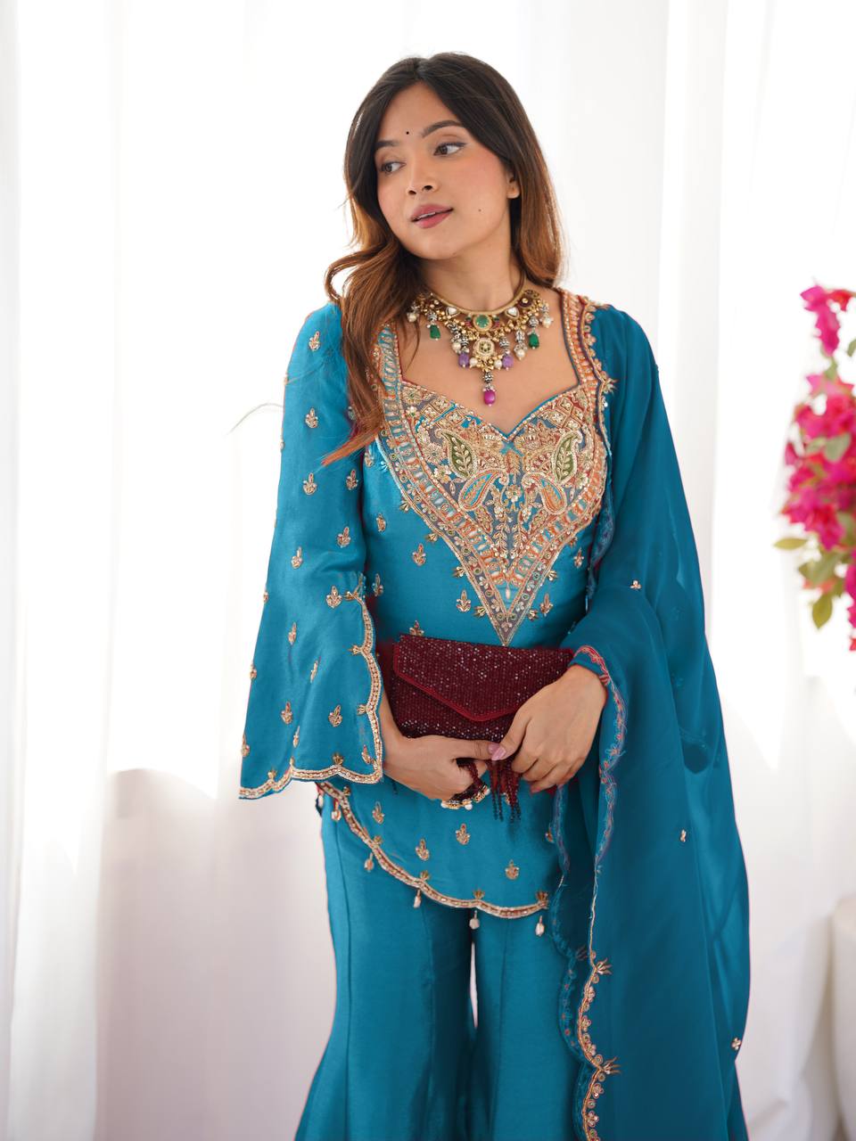 Designer Collection In simar silk With Embroidery Work Top-Bottom And Dupatta Set Fully Stitched Ready To Wear single available wholesale