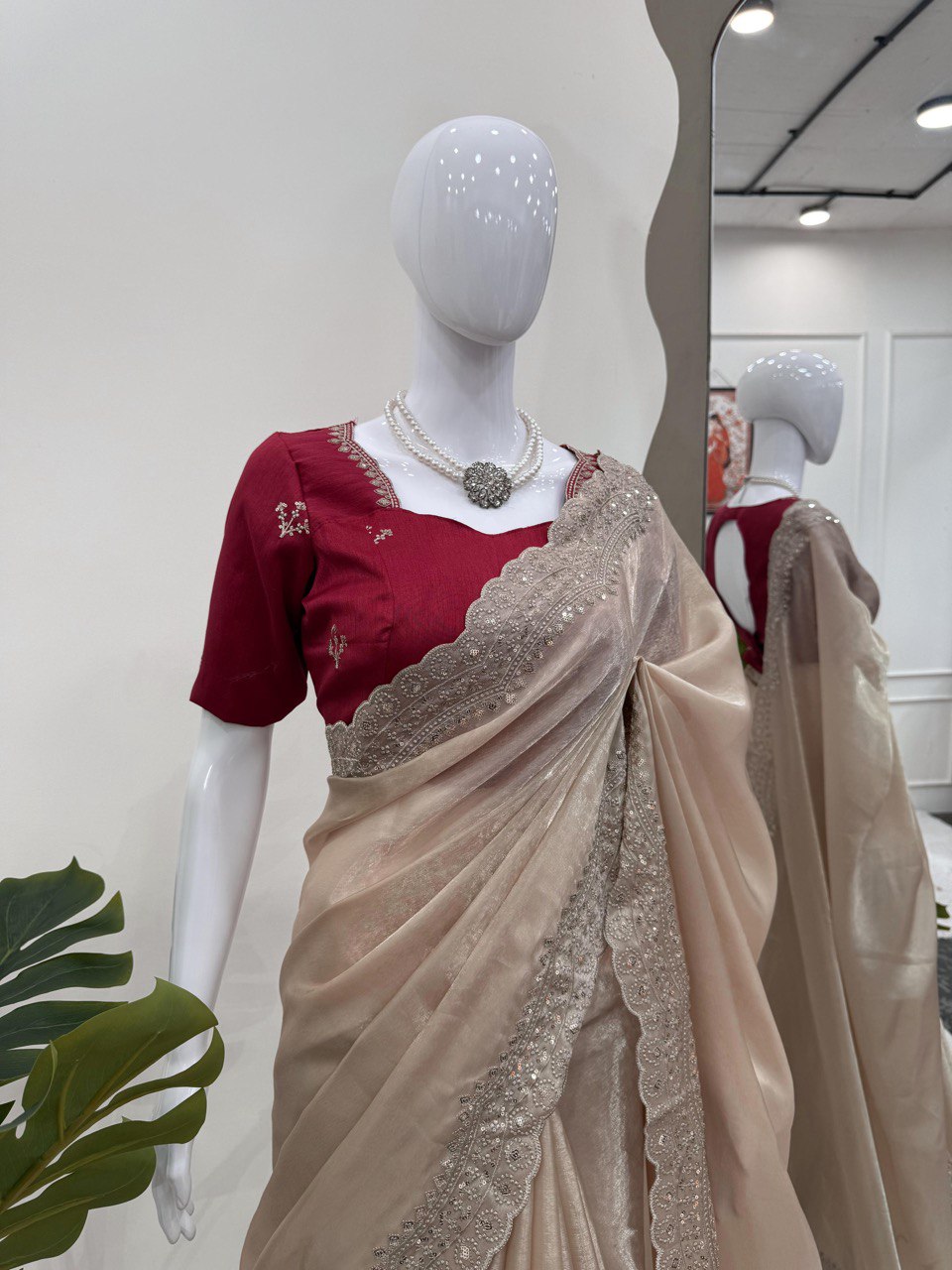 Looking some one for this same colour beautiful Designer Saree on Jimmy chu Febric with Thred & Sequnce work and Blouse on Mono Benglori silk Febric With Thred & Sequnce work.