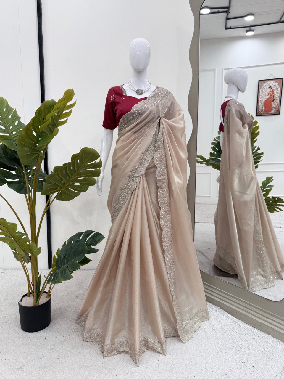 Looking some one for this same colour beautiful Designer Saree on Jimmy chu Febric with Thred & Sequnce work and Blouse on Mono Benglori silk Febric With Thred & Sequnce work.