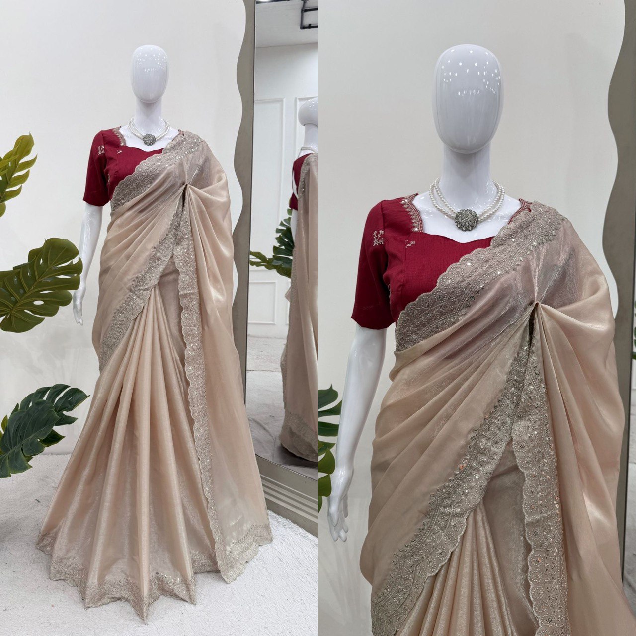 Looking some one for this same colour beautiful Designer Saree on Jimmy chu Febric with Thred & Sequnce work and Blouse on Mono Benglori silk Febric With Thred & Sequnce work.