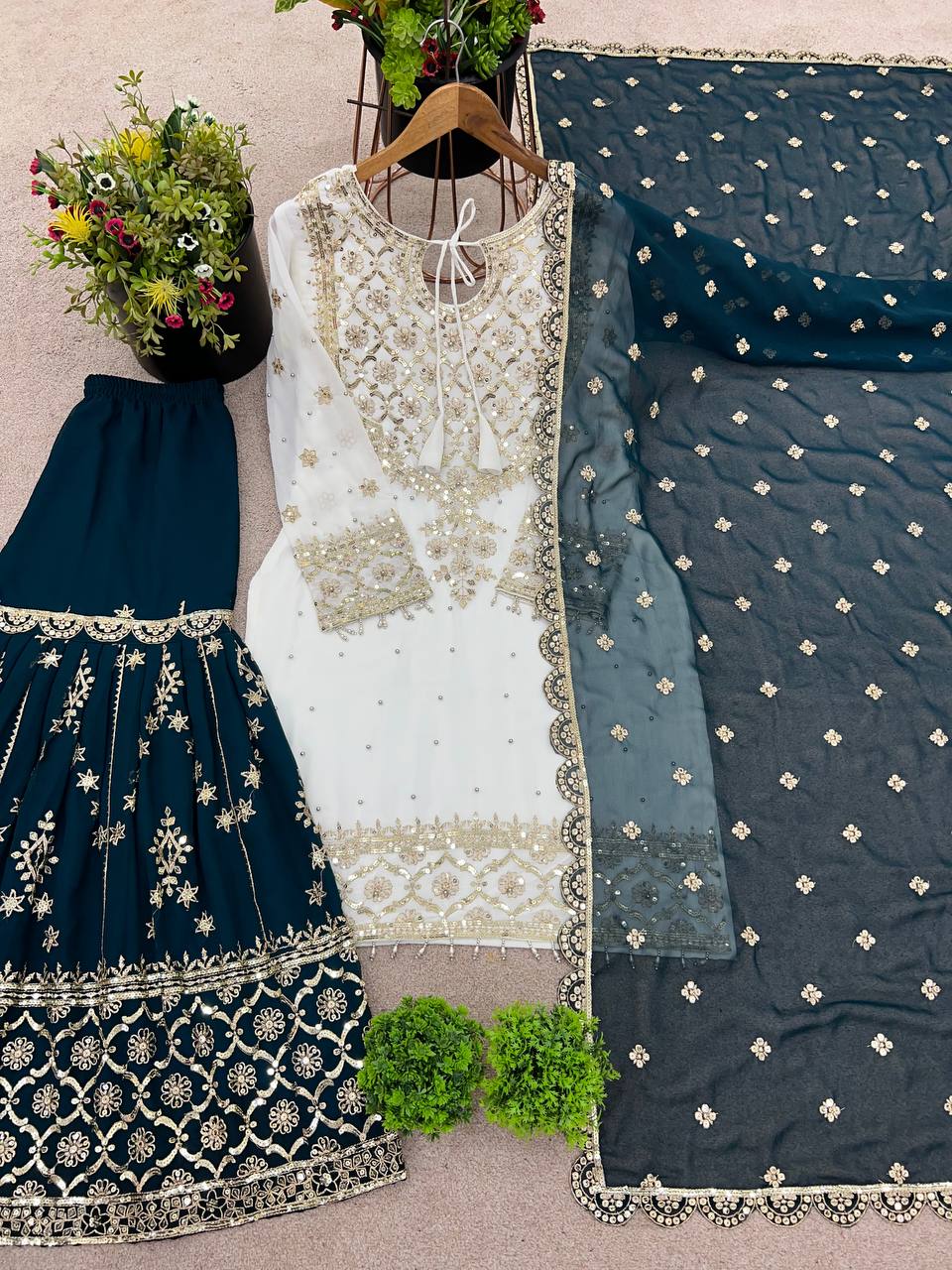 Designer Party Wear Look Top-Plazzo and Dupatta With Heavy Embroidery Work