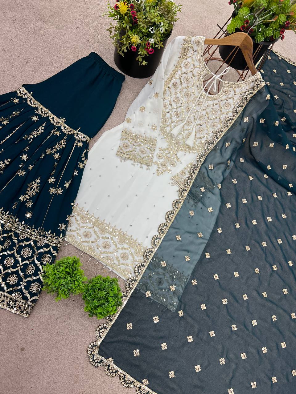 Designer Party Wear Look Top-Plazzo and Dupatta With Heavy Embroidery Work